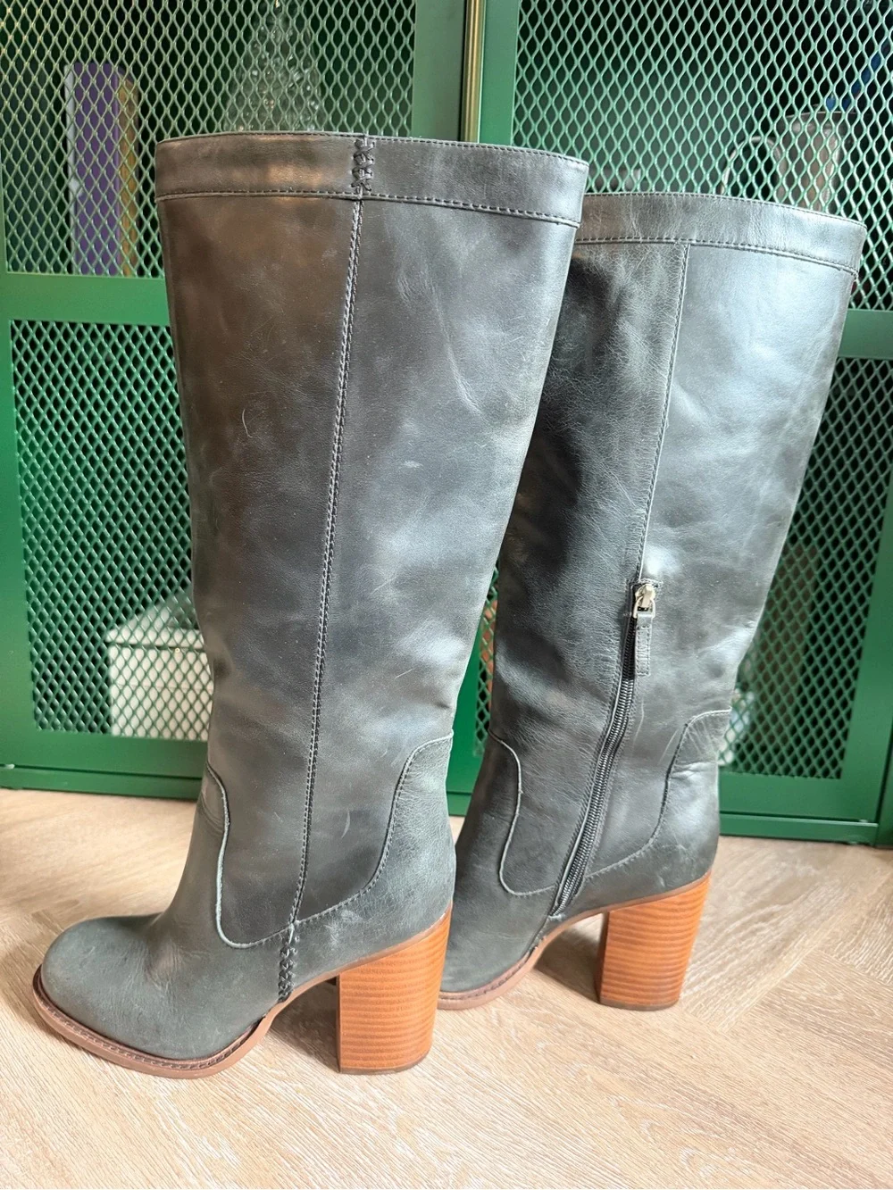 Tall Leather Knee-High Boots in Gray